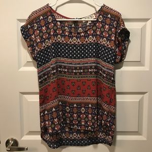 Blue and orange floral stripe pattern top blouse